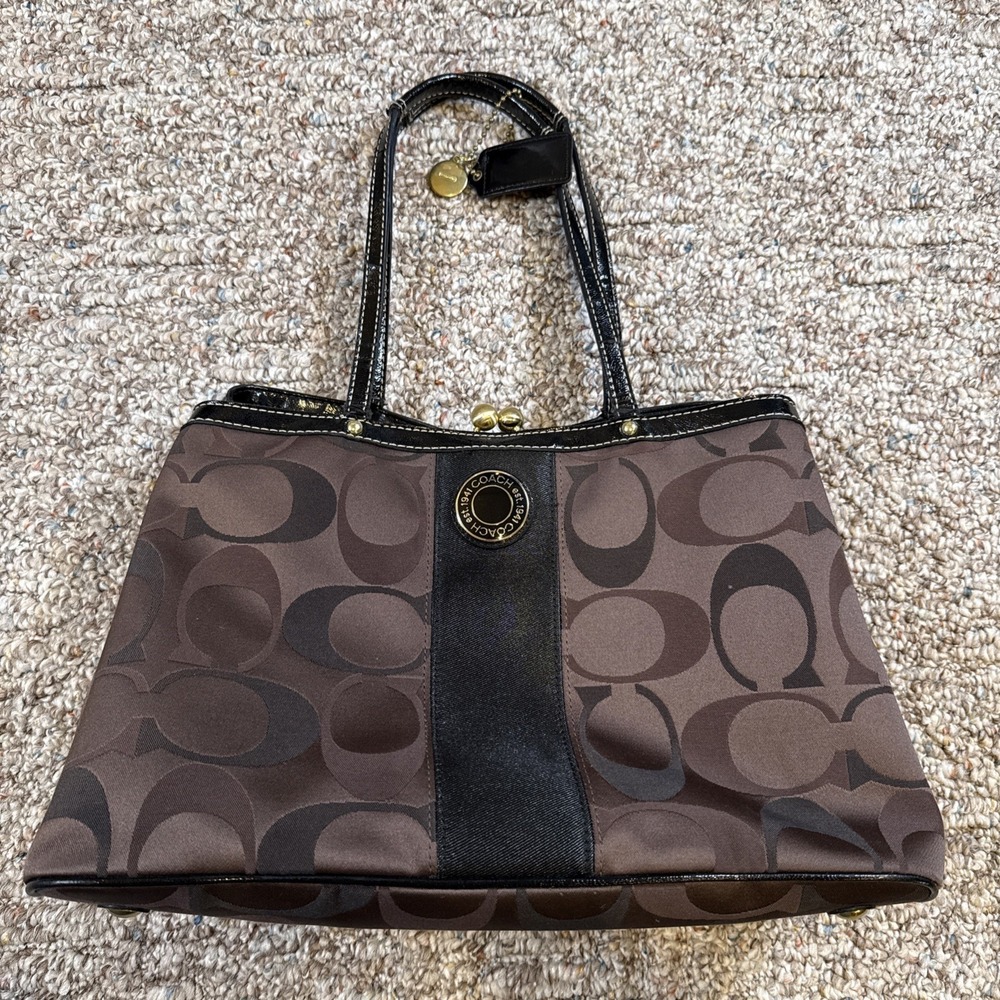 Coach Brown Striped Signature C Woven Canvas Optic Kiss Lock Satchel Rare Gold‎